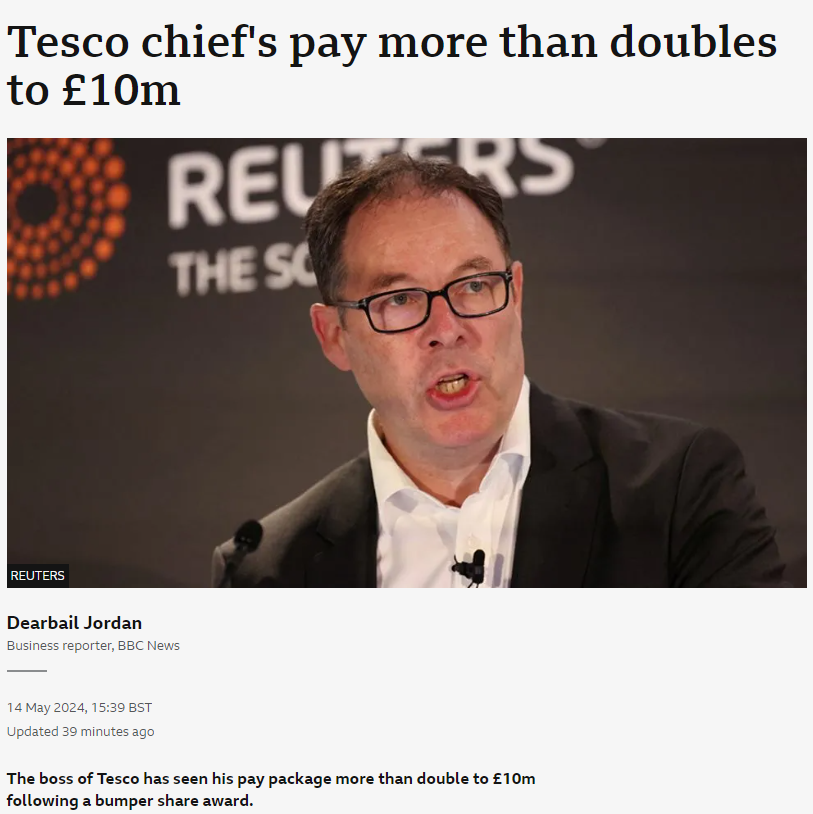 Every little helps bit.ly/3UFgz5G As boss's pay rises by more than £5m a year, Tesco staff earn £12.02 or £13.15 an hour, depending on where they work. Their hourly rate has risen 9.1% recently. Pre-tax profits hit £2.3bn last year.