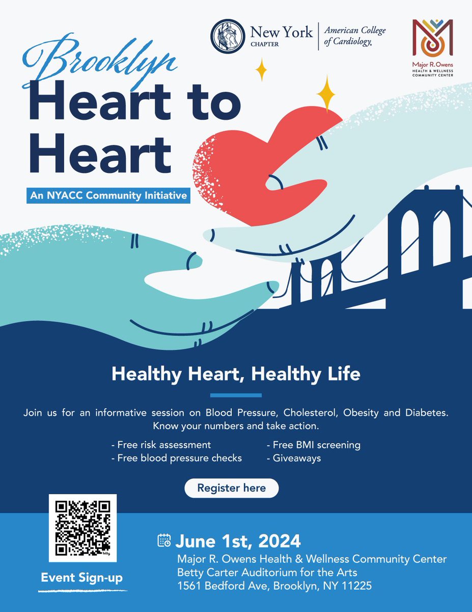 Join us for the second #NYACC #Brooklyn Heart-to-Heart at 12:00pm Noon on Saturday June 1st 2024 at the @MajorOwensCtr! This is an important outreach program to deliver #FREE cardiovascular disease awareness and education in underserved communities of Brooklyn! Register below: