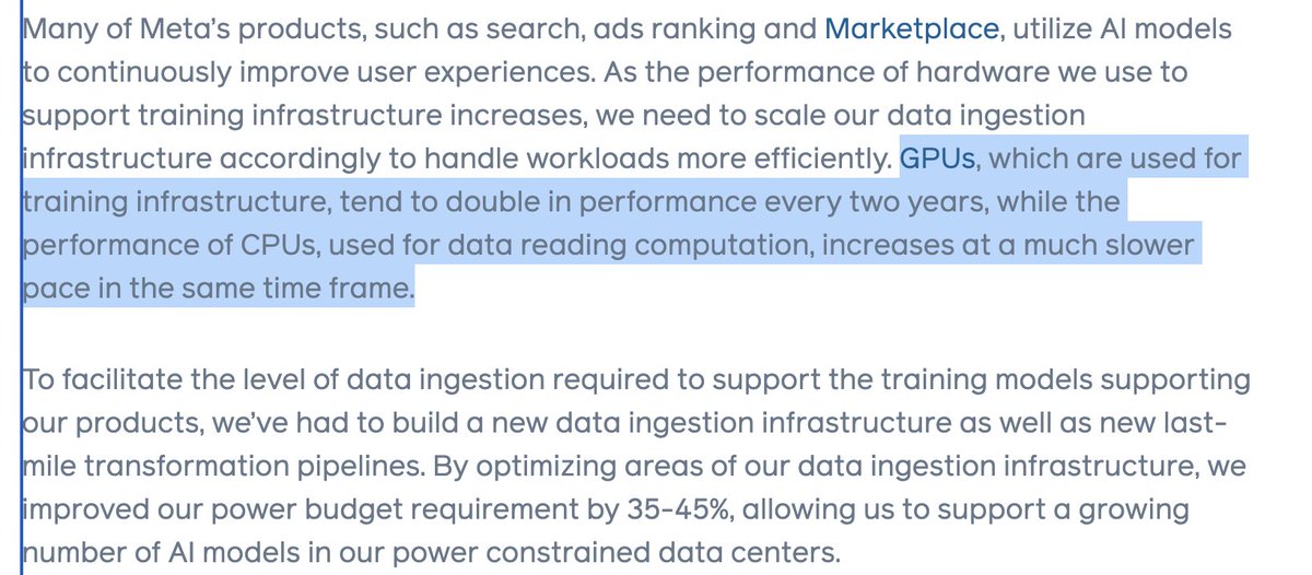robertnishihara's tweet photo. Data ingest is a bottleneck for training (as you scale).

@metaai wrote a great blog a while back outlining these challenges and how they solved them (by scaling data ingestion and training independently).

As far as I know, Ray is the only open source framework that enables this. And the reason is that Ray was designed for heterogeneous compute (e.g., mixed CPU + GPU workloads). As you scale training, you end up with workloads that are simultaneously data intensive and GPU intensive.

https://t.co/o1iNoJtFWL
