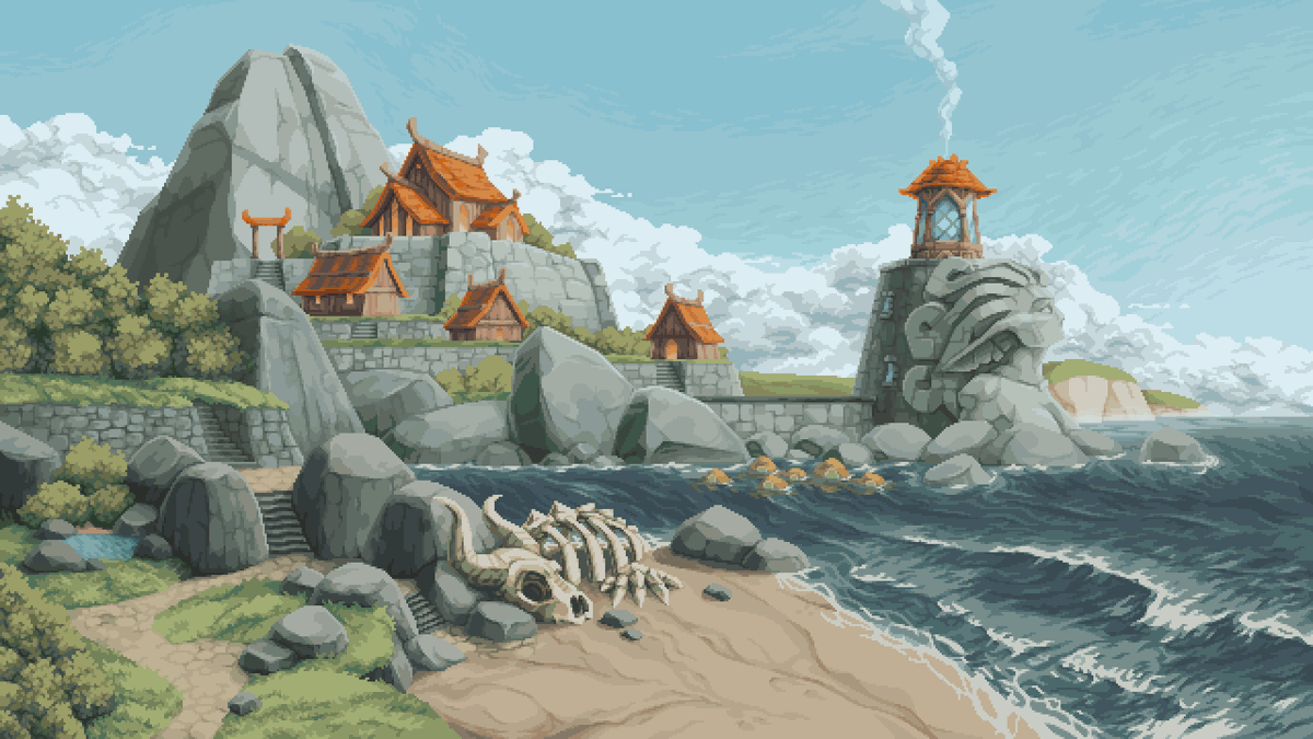 The city of the Anchorage faction in Broken Alliance 🌊🌊🌊

Concept art and line drawing by Raido  
 #pixelart #ドット絵