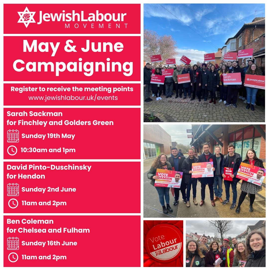 This Sunday we'll be out campaigning for @sarahsackman with @LabourStudents and @LDNYoungLabour in Finchley and Golders Green You can sign up here for more information: jewishlabour.uk/jlm_campaign_d… Here's our calendar for the next month: