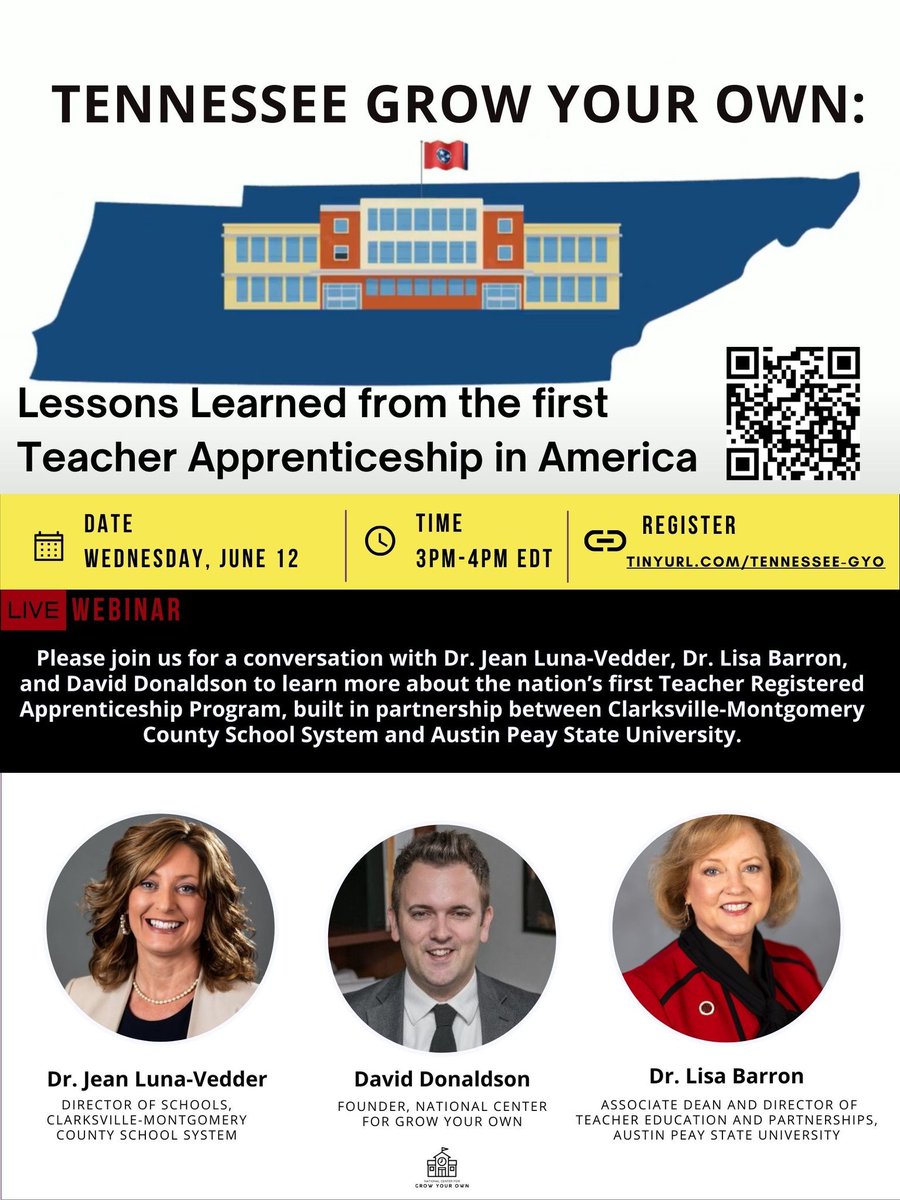 June 12th at 3pm EST to hear about lessons learned from the 1st registered apprenticeship in teaching program approved by @USDOL. It's been almost 2.5 years since Tennessee launched, and they look forward to this reunion/panel. Register here: us06web.zoom.us/webinar/regist…