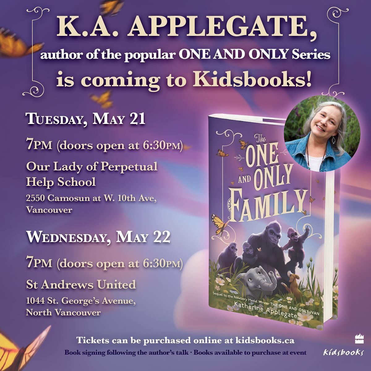 I'm so excited to head to #VancouverBC next week for a couple of events celebrating THE ONE AND ONLY FAMILY. 🦍🐕🐘

Both events are through the wonderful @kidsbooksca. Learn more and get tickets here: kidsbooks.ca/events/k-a-app… #mglit