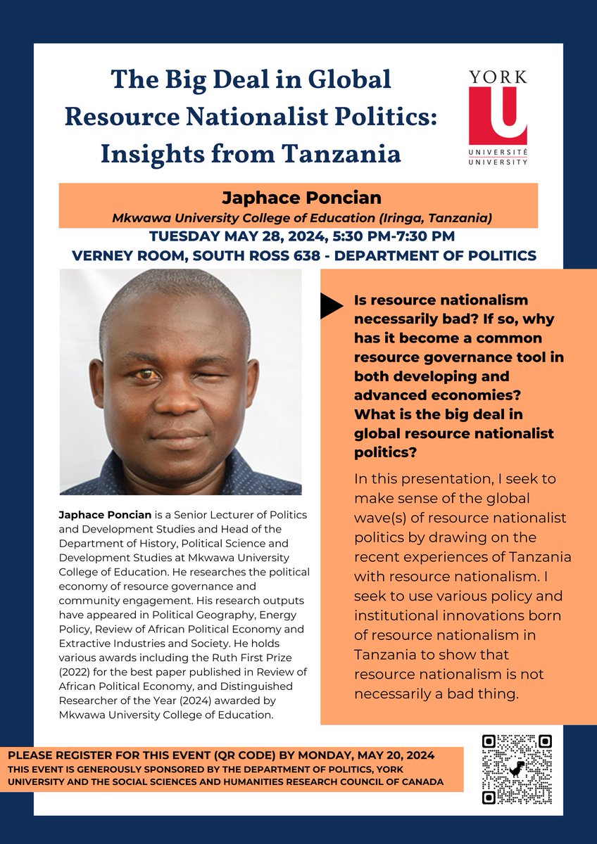 If you are attending our conference in-person, please join us for Dr.Poncian's @japhace talk: 'The Big Deal in Global Resource Nationalist Politics: Insights from Tanzania.' It will be held on the evening of Tuesday, May 28 and hosted by the Dept.
of Politics, York University