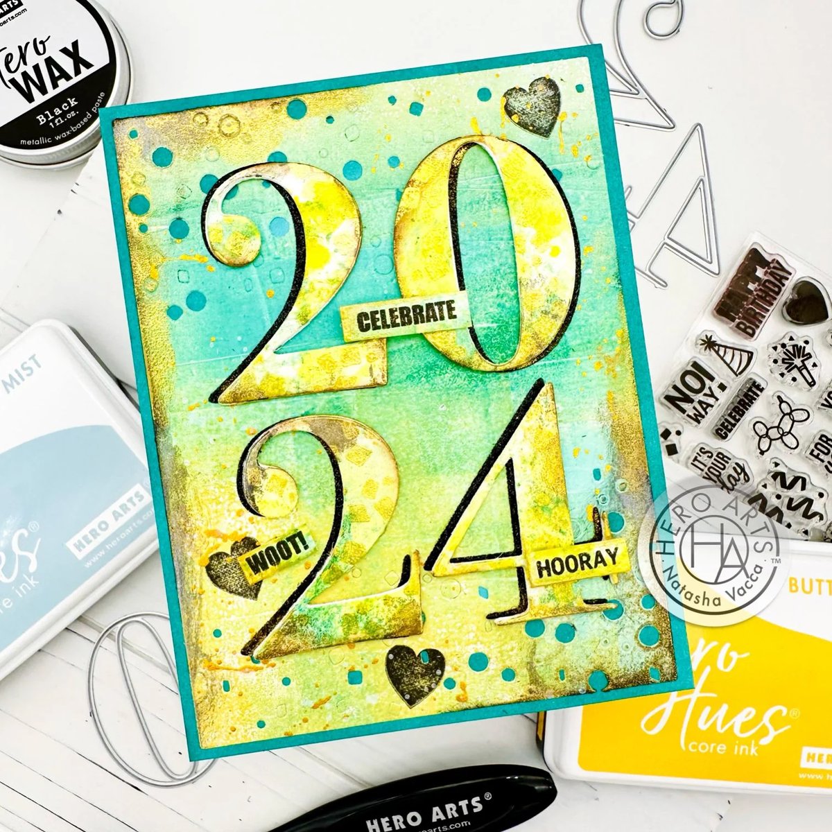Cheers to the 2024 grads!🎓Large die-cuts meet small message stamps and lots of inky, mixed media goodness on this fantastic graduation card. Join Natasha on the blog for more creative details: heroarts.com/blogs/hero-art…
