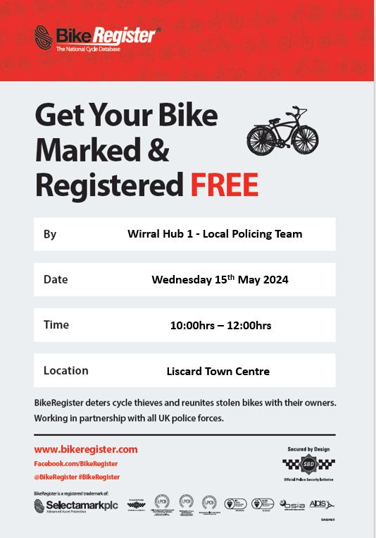 One of the local dedicated PCSO's for Liscard will be holding a Community Street Surgery tomorrow, Wednesday 15th May between 10am - 12pm on Liscard Way. BikeRegister security marking will also be offered. Please pop down to say hello and get your bikes marked! 🚲 😊