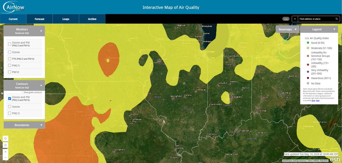 A thin line of wildfire smoke 🔥 is over Northern IL today, but this is only producing some mid to upper moderate AQI. Smoke may linger in the region much of the week, but for now forecasts are in the Moderate category. Details info at AirNow.gov or @AIRNow app📱