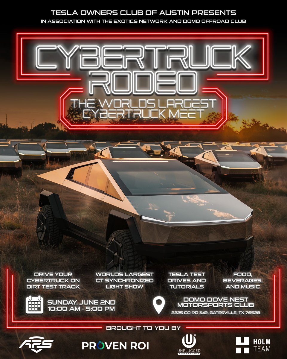 Join us on June 2nd at the Cybertruck Rodeo for off-road thrills, a massive synchronized light show, and more! Bring the family, and meet fellow enthusiasts as we make history at the World’s Largest Cybertruck Meet Up. Register Now 👉🏼 posh.vip/f/e4e7?t=ai