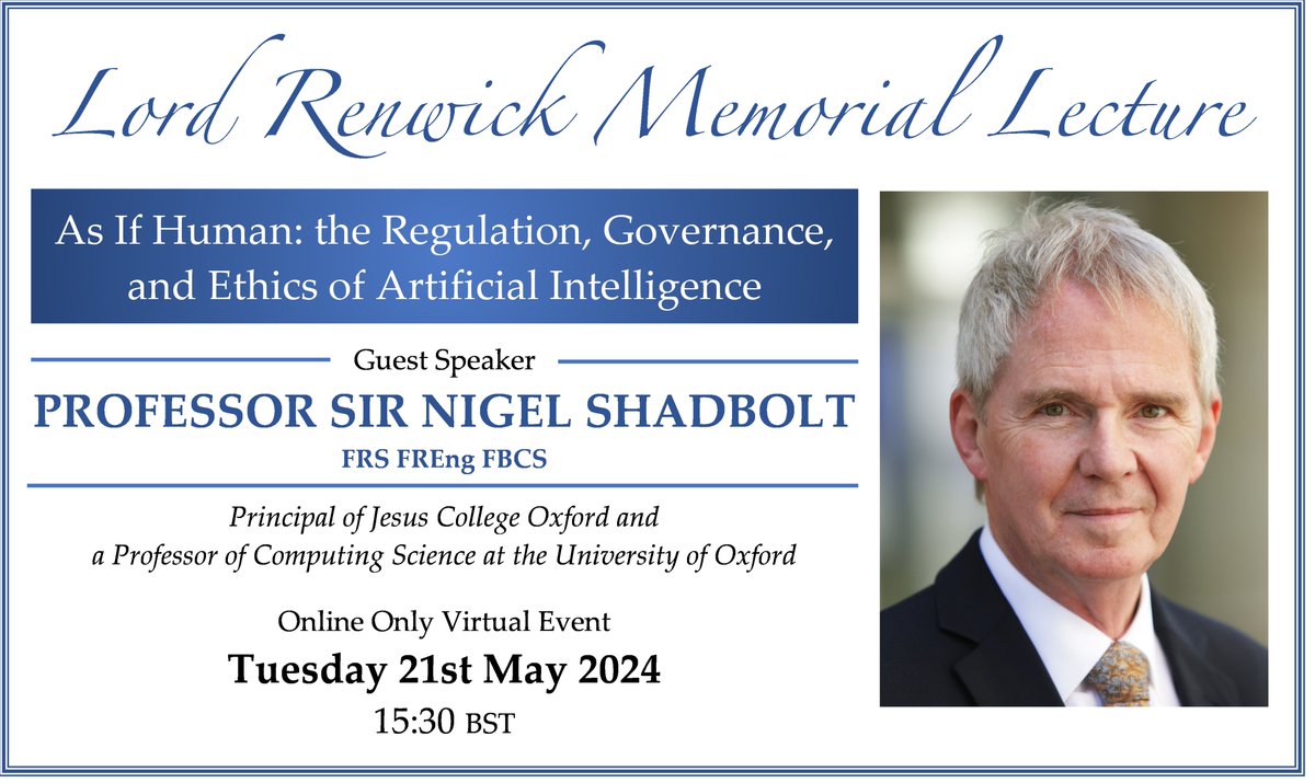 Looking forward to next Tuesday’s Lord Renwick Memorial Lecture online with Guest Speaker: Professor Sir Nigel Shadbolt on Tuesday 21st May at 15:30. Register: us06web.zoom.us/webinar/regist….
Further details: dpalliance.org.uk/events/lord-re…