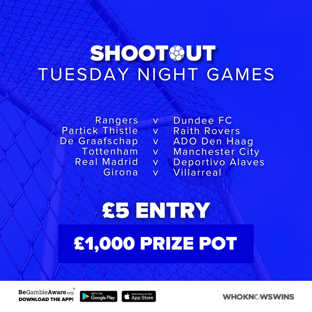 Tuesday Shootout is here! The first game kicks off at 7:30 pm  You don't have to get every guess correct 👇 🔗 wkw.page.link/Z6i2 🔞 BeGambleAware.org