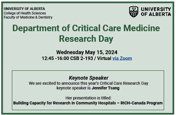 One more sleep and it's here! We're looking forward to welcoming you to the Department of Critical Care Medicine Research Day.