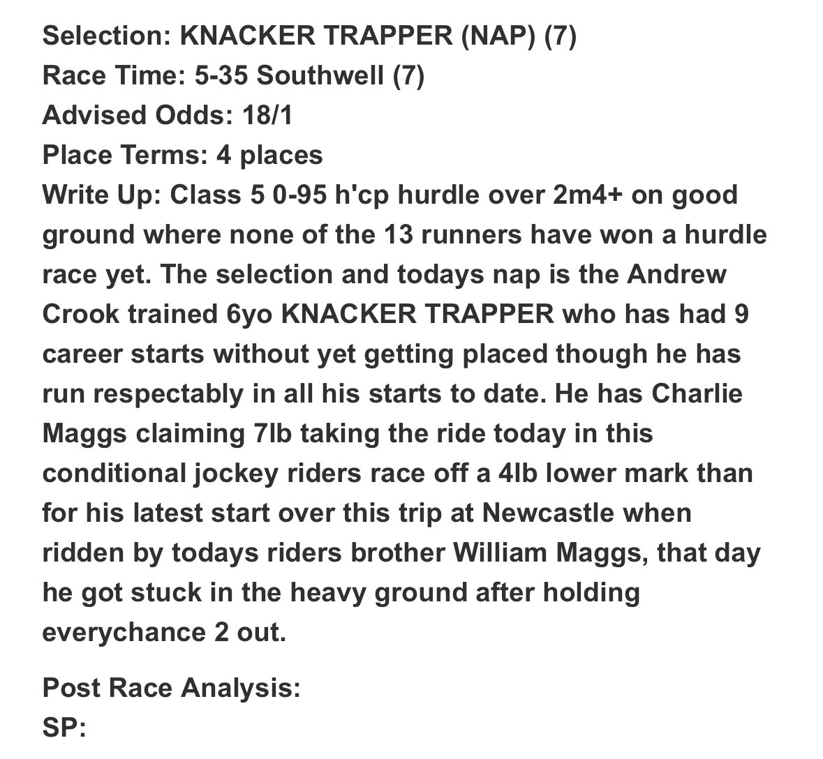 #BOOM

THATS HOW YOU LIKE TO SEE YOUR NAP WIN !!

No shorties here just value EW bets !!

KNACKER TRAPPER 18/1 winning nap wins by 100yds plus @Southwell_Races 

#thehappyunter