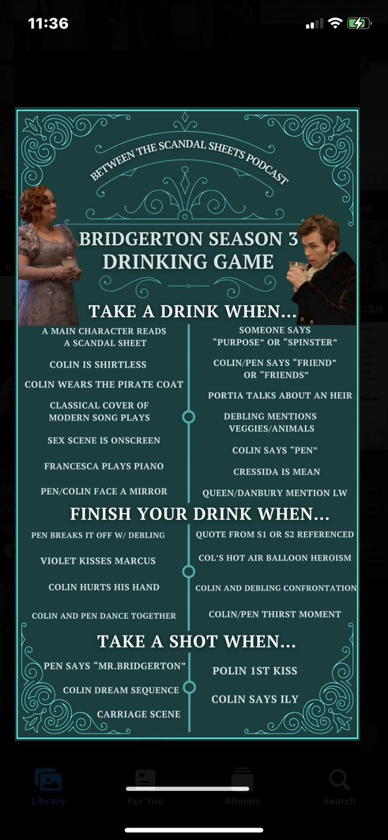 Open for the rest of the rules but here she is!!!! Our first version of the Bridgerton S3 Drinking Game!!!!!!! 

Predictive at this point, polin-centric but we will diversify after watching part 1. 

Drink responsibly and let us know how it goes!!! Enjoy!! 🍻🍺🍸🍷🍶🍹💕