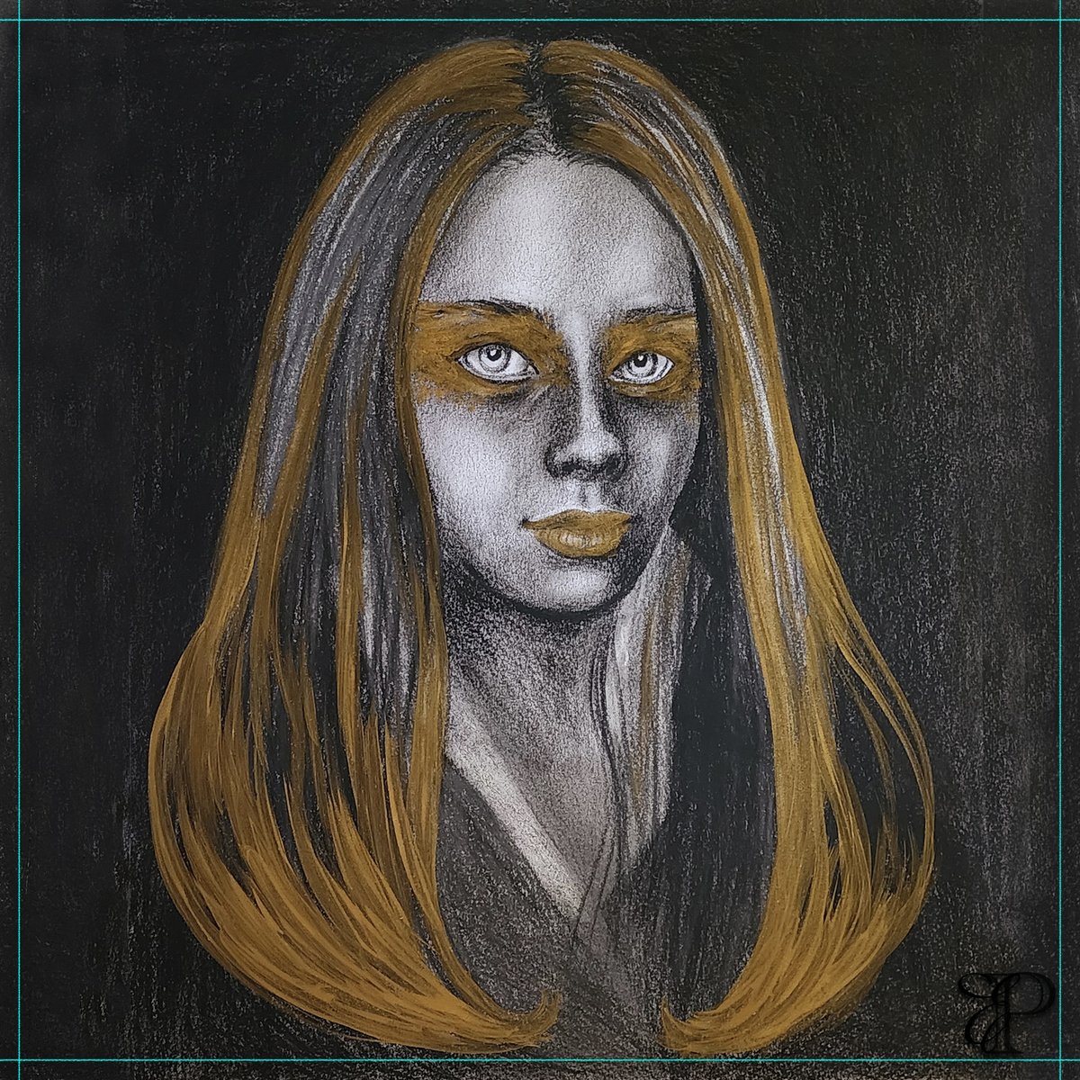 - MASK? - 
Charcoal and Gold Acrylic on White paper, 27 x 35 cm May 2024, by Estelle Cress #Drawing #charcoal #charcoaldrawing #art #estellecress #portrait #surrealism #portraitdrawing #artist #emotionalart #gold #human #artisteslettecress #contemporaryart #emergingartist