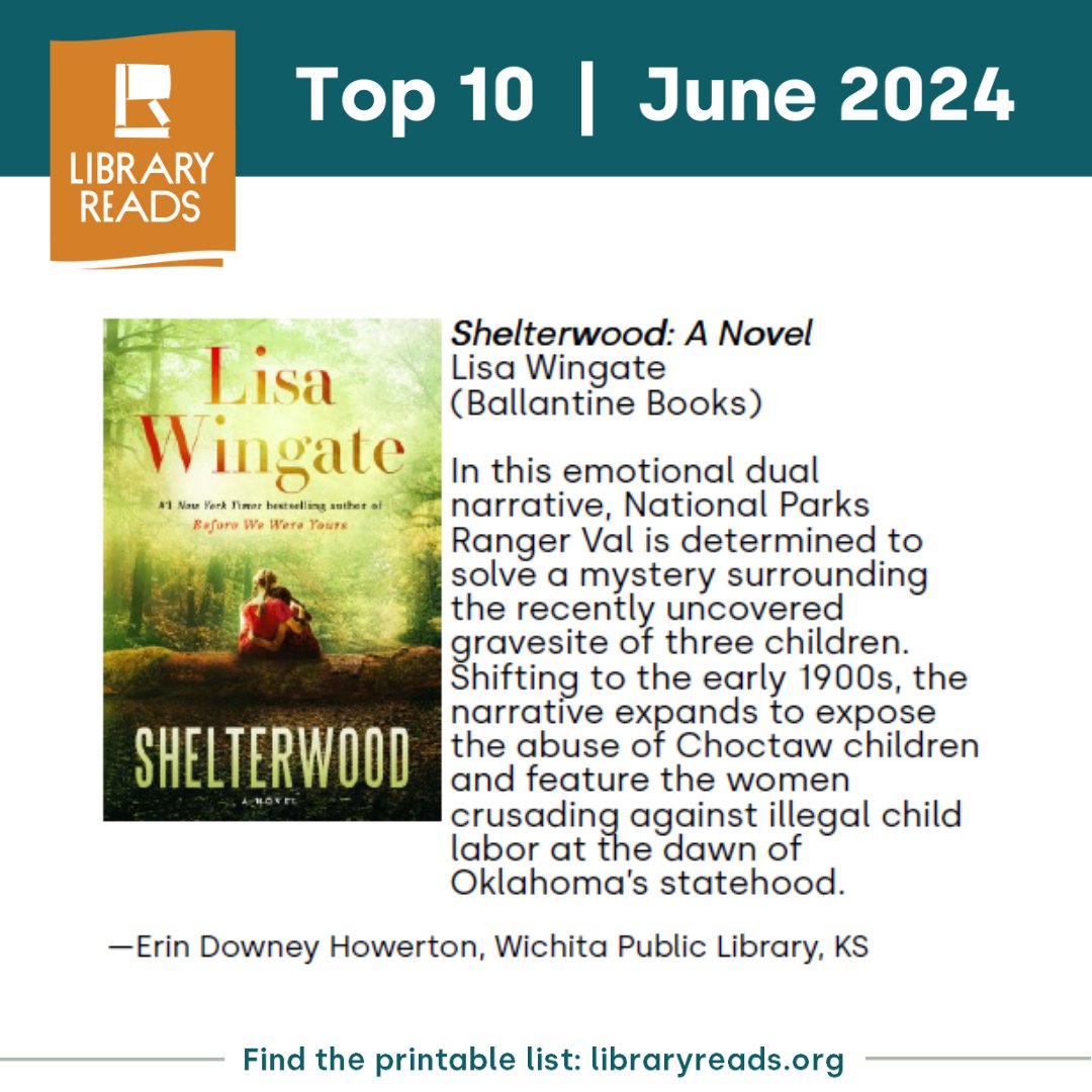 Next on the June 2024 LibraryReads list is SHELTERWOOD by Lisa Wingate! @PRHLibrary