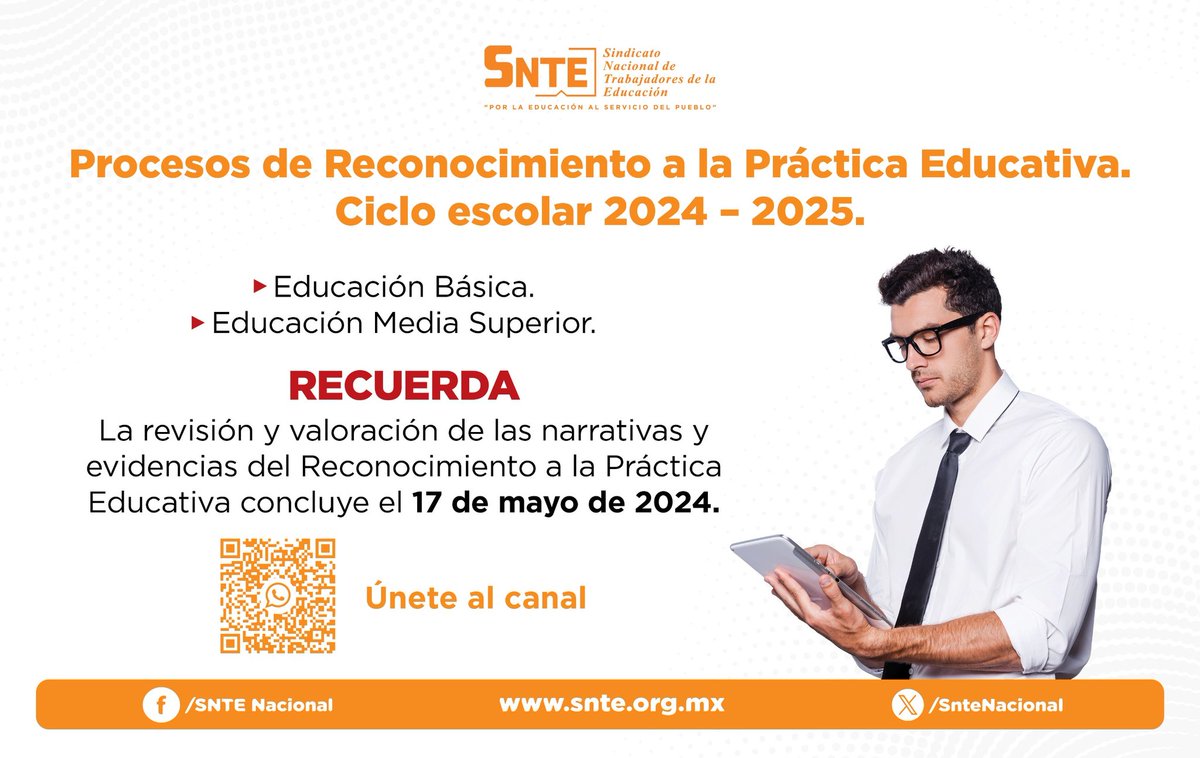 ‼️Recuerda‼️

 Si participas en el Procesos de Reconocimiento a la Práctica Educativa, 2024 - 2025 
👩‍🏫 Educación Básica 
👨‍🎓 Educación Media Superior
 ⏰  La revisión de narrativas y evidencias 📝 para el Reconocimiento a la Práctica Educativa concluye, #17deMayo de 2024