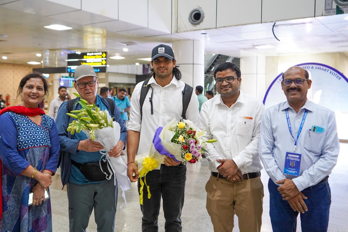 imrahultrehan's tweet image. Champion is back home.

Neeraj Chopra reaches Bhubaneswar to participate in the Federation Cup tomorrow. #federationcup
