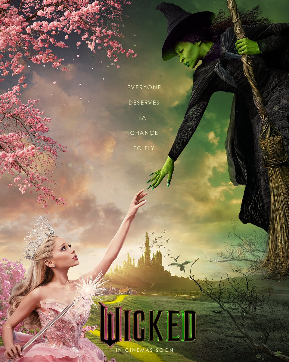 JUST IN: New poster for #WickedMovie, the first of a two-part musical fantasy starring Cynthia Erivo and Ariana Grande, Michelle Yeoh, Jeff Goldblum, Jonathan Bailey, Ethan Slater, Marissa Bode, Peter Dinklage, Bowen Yang, Bronwyn James & Keala Settle. Directed by Jon M. Chu.