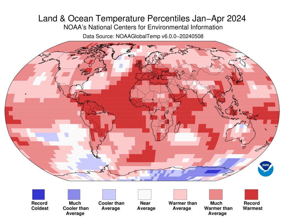 🥵 Jan–Apr 2024 was the warmest such period on record—2.41°F (1.34°C) above the 20th-century average. 😯 According to the #NCEI Global Annual Temperature Outlook, there is a 61% probability that 2024 will rank as the warmest year on record. bit.ly/Global202404