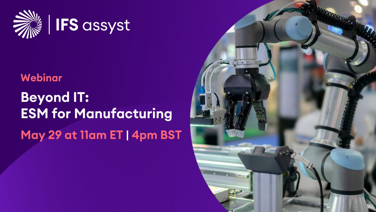 Don't miss our upcoming webinar on May 29 delving into the impactful role of #EnterpriseServiceManagement in manufacturing. Learn how #ESM can help you tackle challenges and improve efficiency and innovation in your operations. 

Secure your spot here: ifs.link/7bcHZF