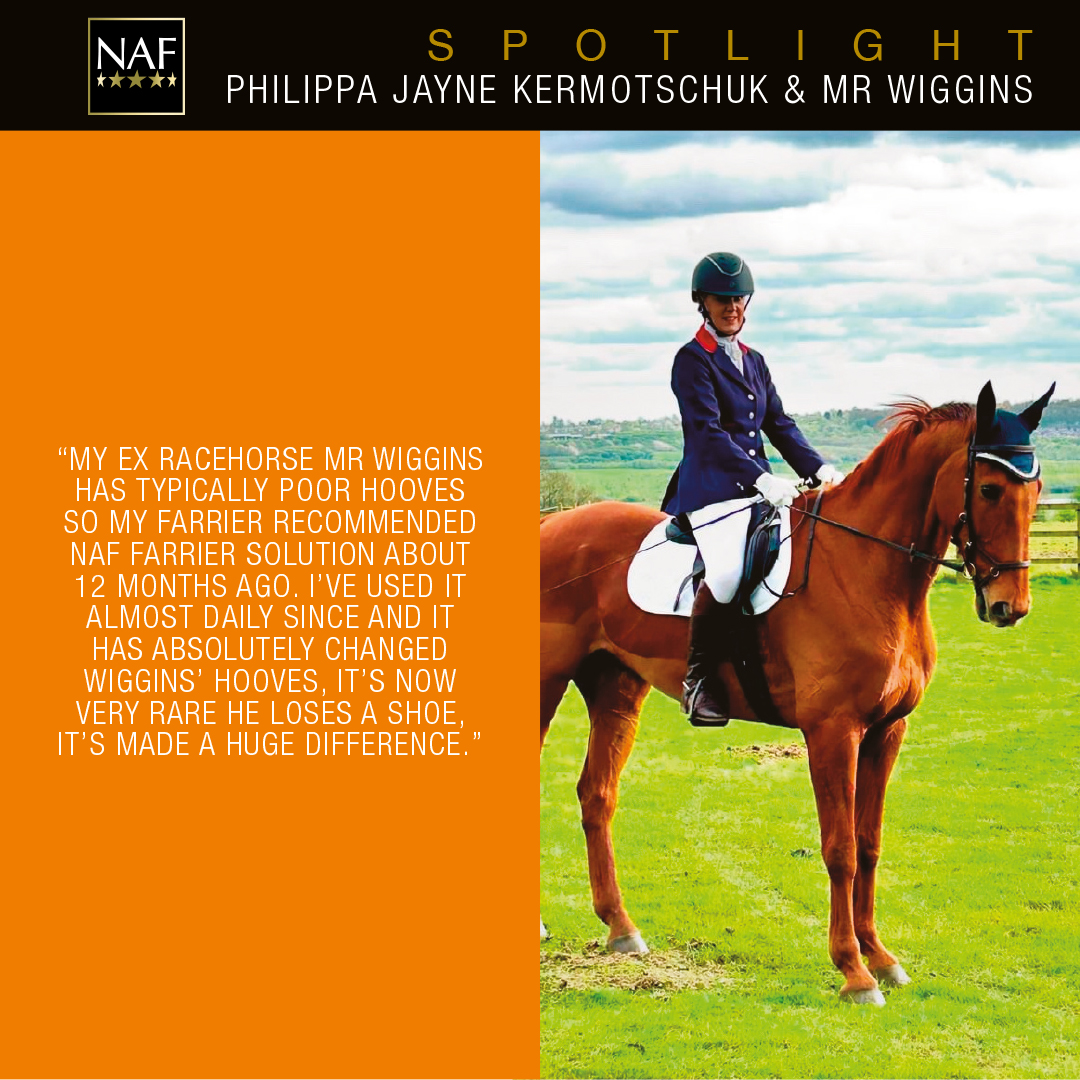 In the #NAFSpotlight today are Philippa Jayne Kermotschuk and Mr Wiggins. Phillipa told us using NAF Farrier Solution 'has made a huge difference' to Wiggins hooves. 🧡 We would love to know if you have tried it yet? #FiveStarReview #RealRiderReview