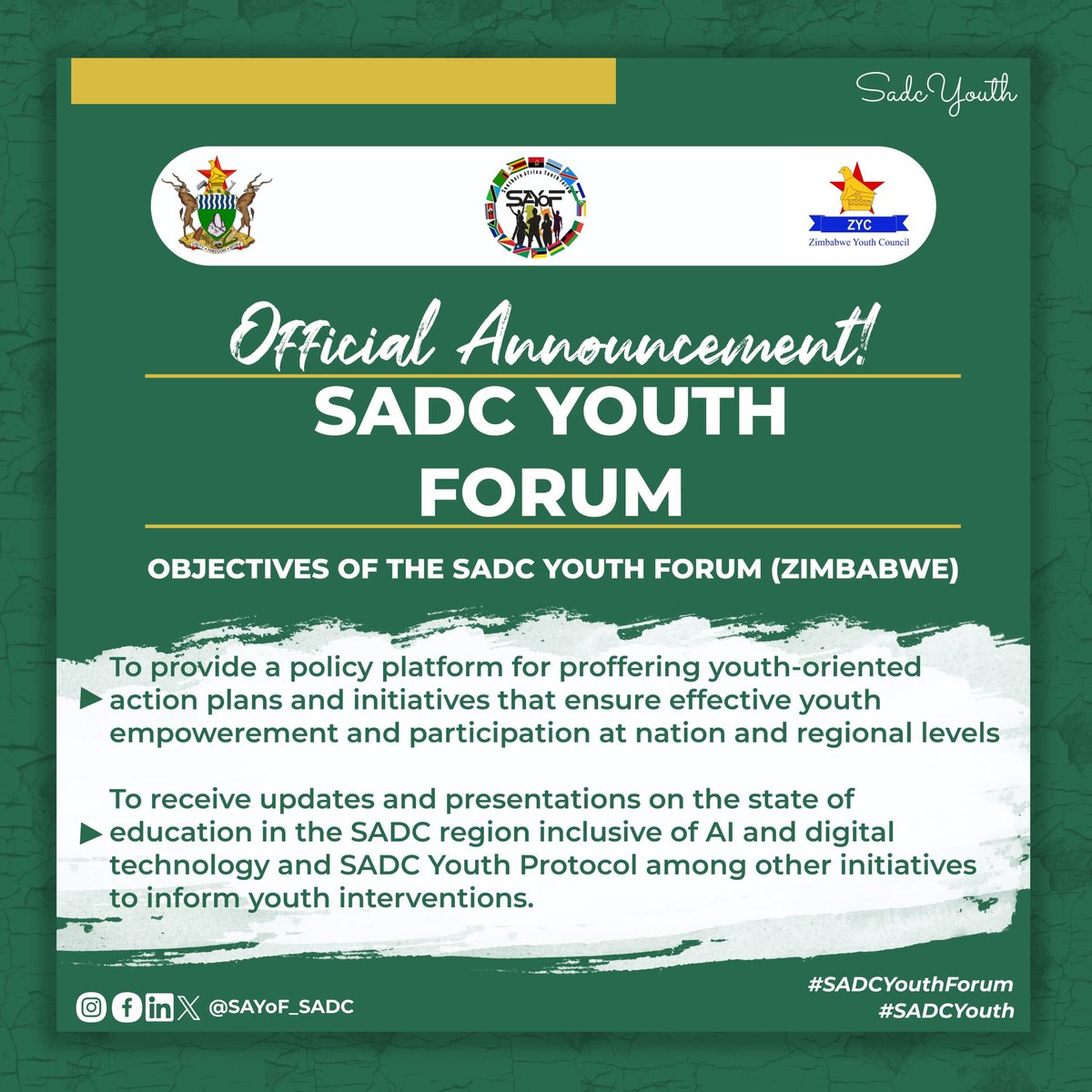 📌The Objectives of the SADC Youth Forum •To provide a policy platform for proffering youth-oriented action plans and initiatives that ensure effective youth empowerment and participation at national and regional levels. #SADCYouth #SADCYouthForum