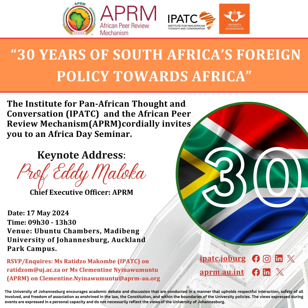 Join Prof. @eddymaloka at 19:30 (SAST) today for the #AfricaMonth seminar! Celebrate 30 years of South Africa's foreign policy towards Africa. Attend in person at @go2uj or join online via the link: teams.microsoft.com/l/meetup-join/… #AfricaDay