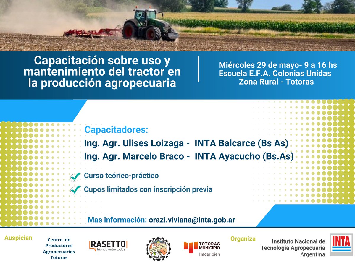 Capacitación gratuita y presencial 🚜 Uso y mantenimiento del tractor en la producción agropecuaria Miércoles 29 de mayo 9 hs Escuela EFA – Zona Rural (Totoras) 📍 maps.app.goo.gl/DRkBrajv25hpPF… Inscripción obligatoria rasetto.ar/INTA-tractor Más información: orazi.viviana@inta.gob.ar