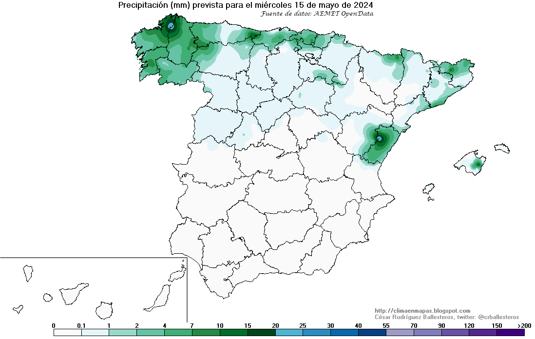 Precipitación prevista para hoy y mañana, elaborada con la predicción horaria por municipios de #AemetOpenData