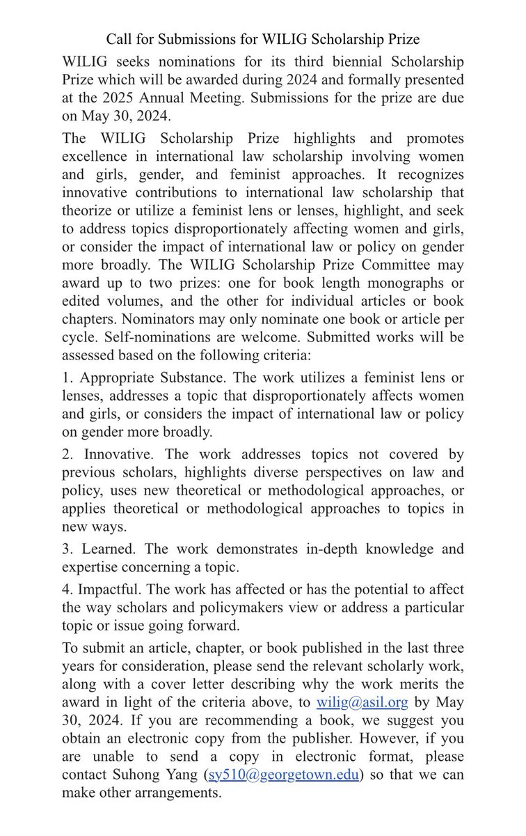 Women in International Law Interest Group seeks nominations for its third biennial Scholarship Prize which will be presented at the 2025 ASIL Annual Meeting. Submissions for the prize are due on May 30, 2024. To be eligible, authors should be ASIL members asil.org/community/wome….