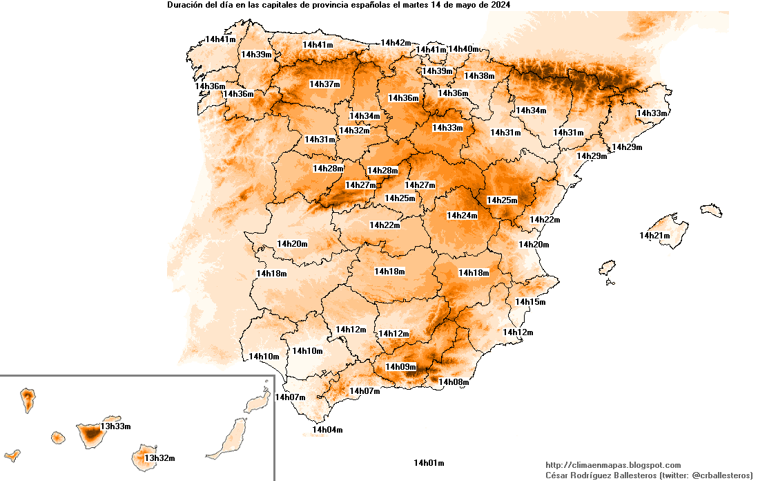 #DatosAstronómicos. Horas de salida y puesta del sol y duración del día para hoy martes, 14 de mayo, en las capitales de provincia #orto, #ocaso, #horasluz