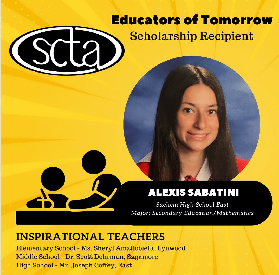 Best wishes to Alexis Sabatini, East HS senior and SCTA ‘Educators of Tomorrow’ scholarship winner. Congratulations! 💫 @nysut @aftunion @wearethescta @sachemcsd #scholarships #sachem #seniors #educatorsoftomorrow