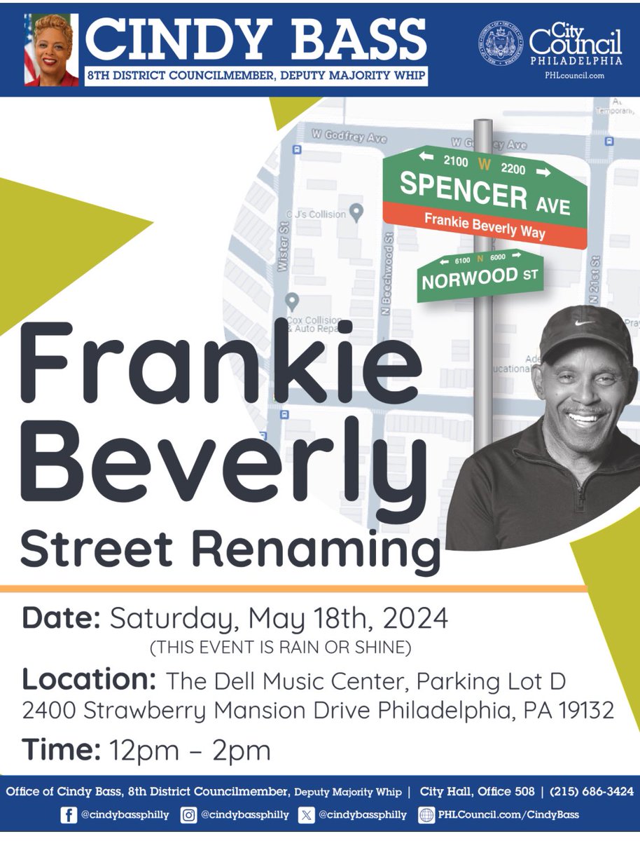 This is happening Saturday @DellMusicCenter …. Frankie Beverly will be on hand for the street naming of Frankie Beverly way. @cindybassphilly