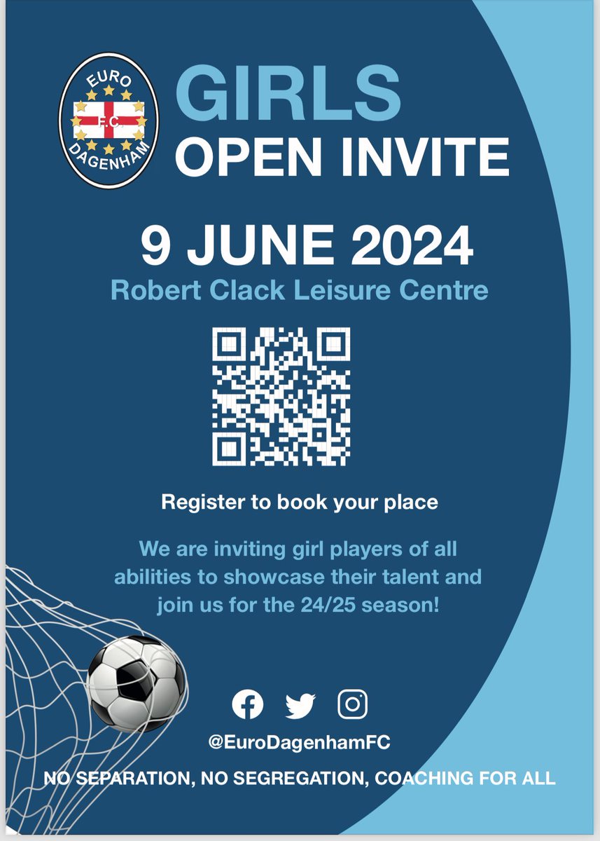 🚨 GIRLS FOOTBALL IS COMING TO EURO!🚨⚽️🥅 WELCOMING GIRLS OF ALL ABILITIES TO JOIN US AHEAD OF NEXT SEASON! OPEN INVITE FOR THE 24/25 SEASON SCAN THE CODE OR CLICK THE LINK forms.gle/2S4BGYfZiwfnQM… ⚽️PLEASE SHARE ⚽️ #letgirlsplay