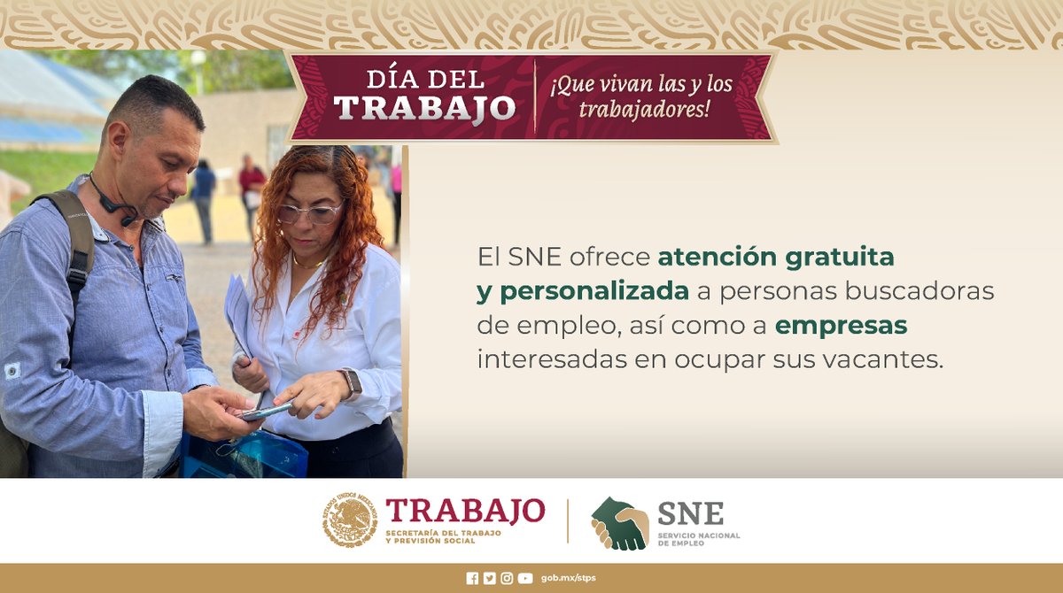 STPS_mx's tweet photo. 🔴 En el marco del #DíaDelTrabajo, en la #STPS reconocemos la labor del Servicio Nacional de Empleo (@empleogob_mx) al vincular a personas empleadoras y a buscadoras de empleo en entornos de #TrabajoDigno.

👷‍♀️🫶💼⚖️👷

✅¿Buscas trabajo? 🤓

👉Visita: https://t.co/X9MCHXI7w7 https://t.co/DbpFr3eSKK