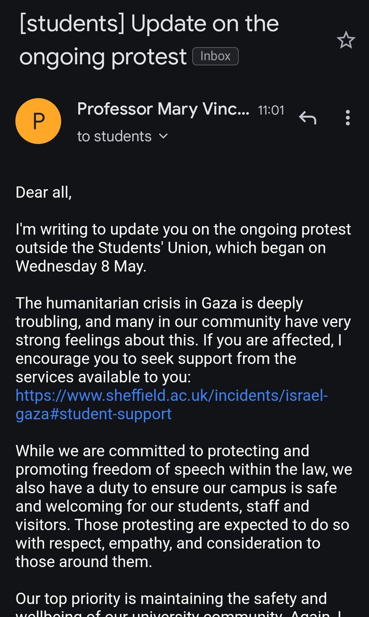 I've had quite a few of these @sheffielduni emails warning protestors to remain civil and respectful. I'm wondering, given the violent anti-protests at the Oxford encampment last week, why there is never any mention of remaining civil and respectful *to* protestors?