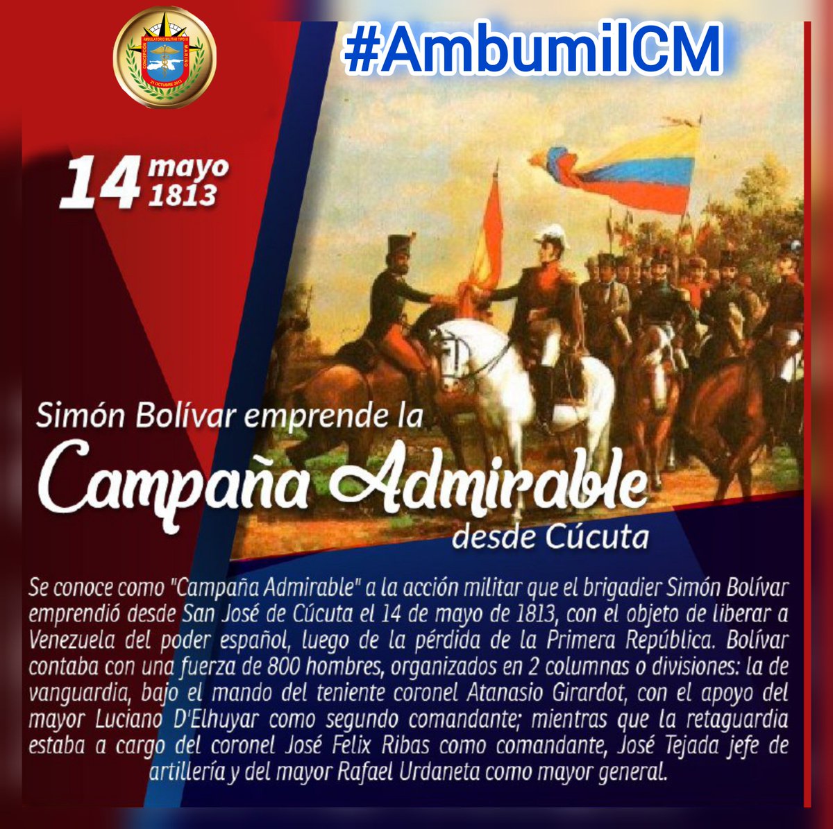 ¡211 años del inicio de esa epopeya! Hoy recordamos con orgullo la brillante capacidad de liderazgo del Padre Bolívar, quien guió con maestría la Campaña Admirable hacia la derrota del imperio español. 
#redsanitariamilitar
#Ambumilcm