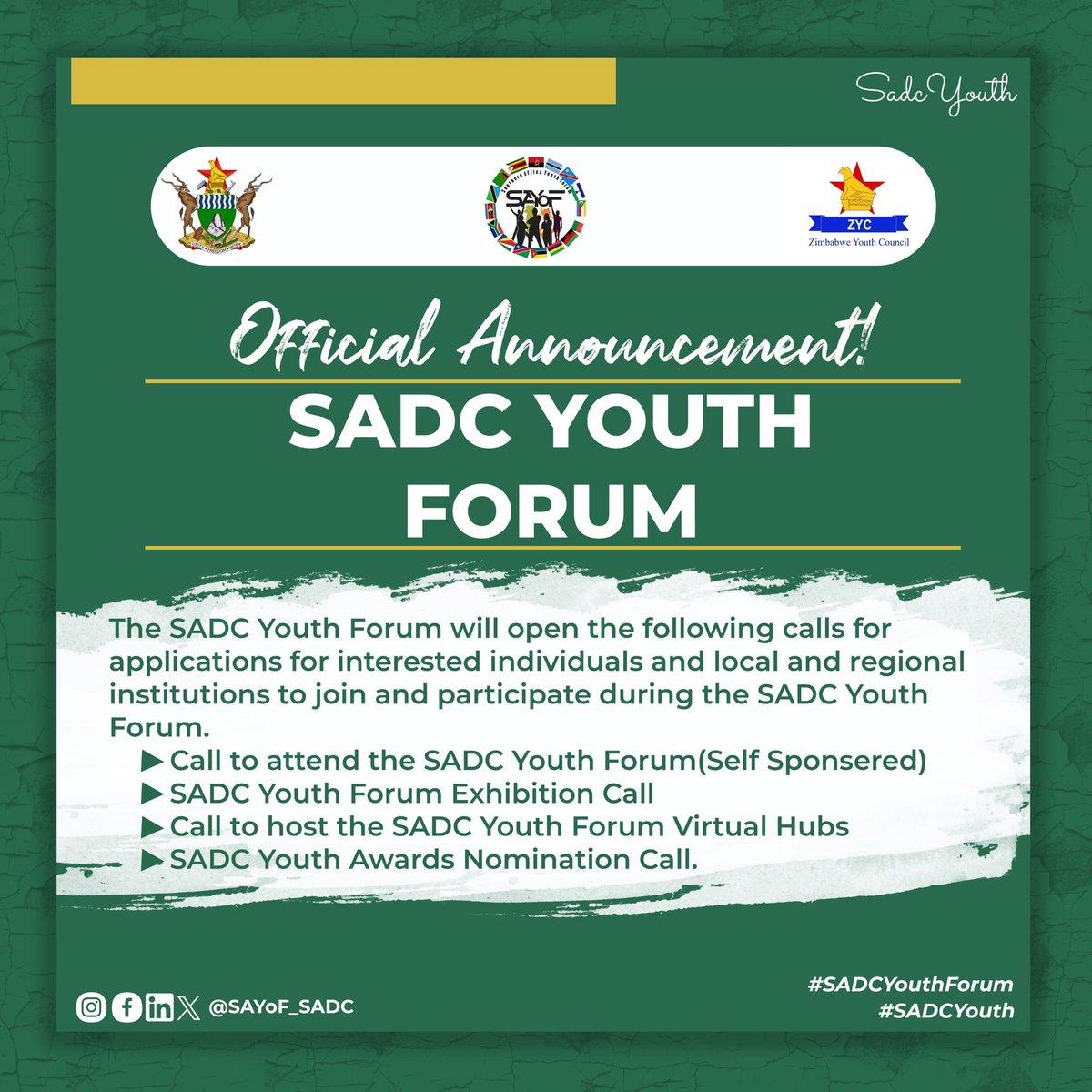 📢📢The SADC Youth Forum will open the following calls for applications: ✅Call to attend the SADC Youth Forum (Self Sponsored) ✅SADC Youth Forum Exhibition Call ✅Call to host the SADC Youth Forum Virtual Hubs ✅SADC Youth Awards Nomination Call #SADCYouth #SADCYouthForum