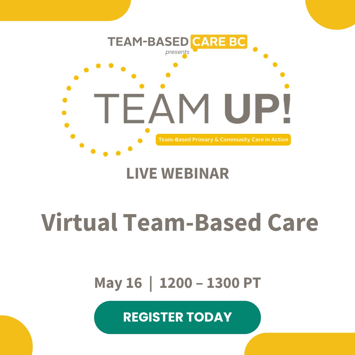Join us this Thursday, May 16, for a Team Up! Webinar! We will look at key themes identified through focus group interviews and explore how you can apply these learnings to optimize virtual team-based care services in your own settings. teambasedcarebc.ca/events/team-up…