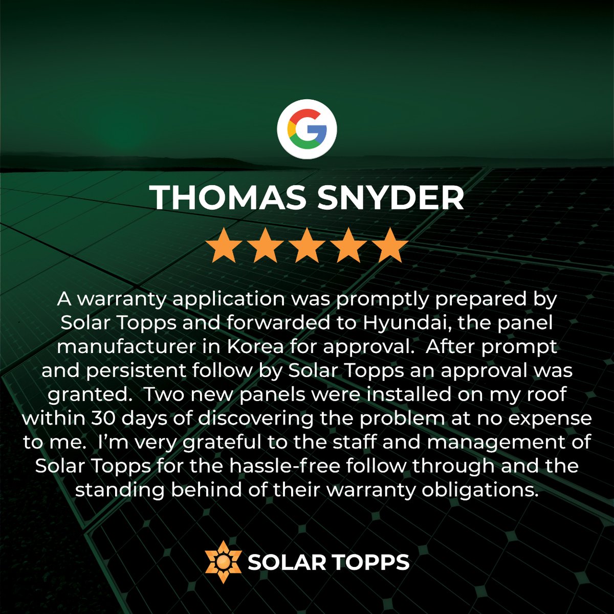 Ensuring peace of mind one warranty at a time ☀️ When it comes to solar, trust in Solar Topps to have your back when warranty issues arise. Your solar journey is our priority! #solartopps #testimonialtuesday #sustainableenergy #solarpanels #solarinstallation #arizonabusiness