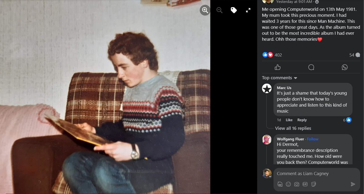 The cutest thing I saw today was a guy called Dermot sharing a photo his mam took of him receiving a Kraftwerk album. And then Wolfgang Flur commenting underneath to say how nice it was ❤️