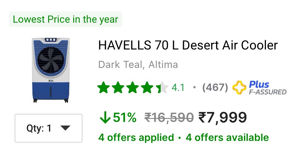 HAVELLS 70 L Desert Air Cooler for ₹7,999 fkrt.cc/E0CnLOlp
