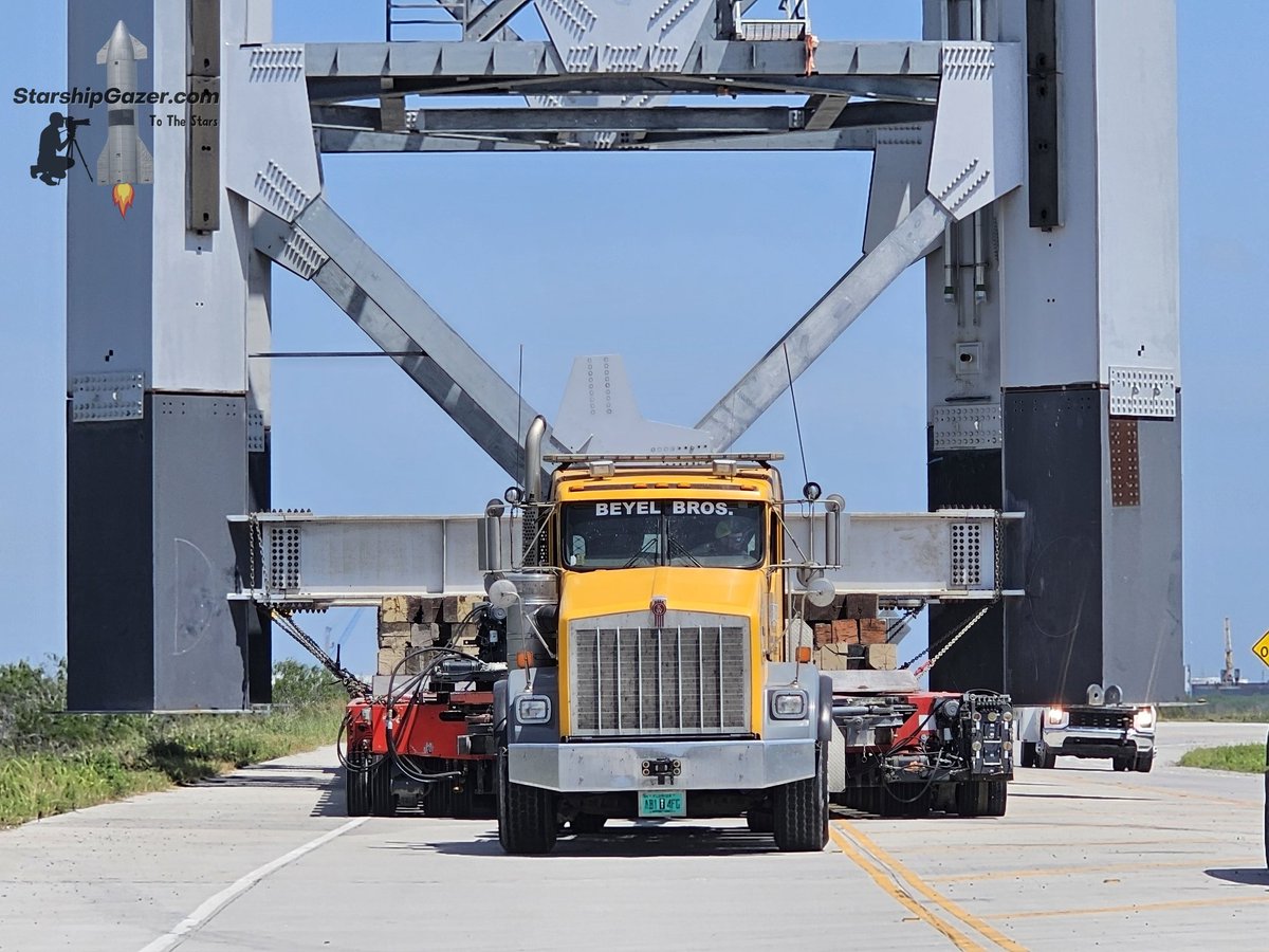 Starbase Orbital Launch Tower 2 section is on the move from the port of Brownsville! It's being staged here until the next late night road closure for transport to Starbase. 5/14/24