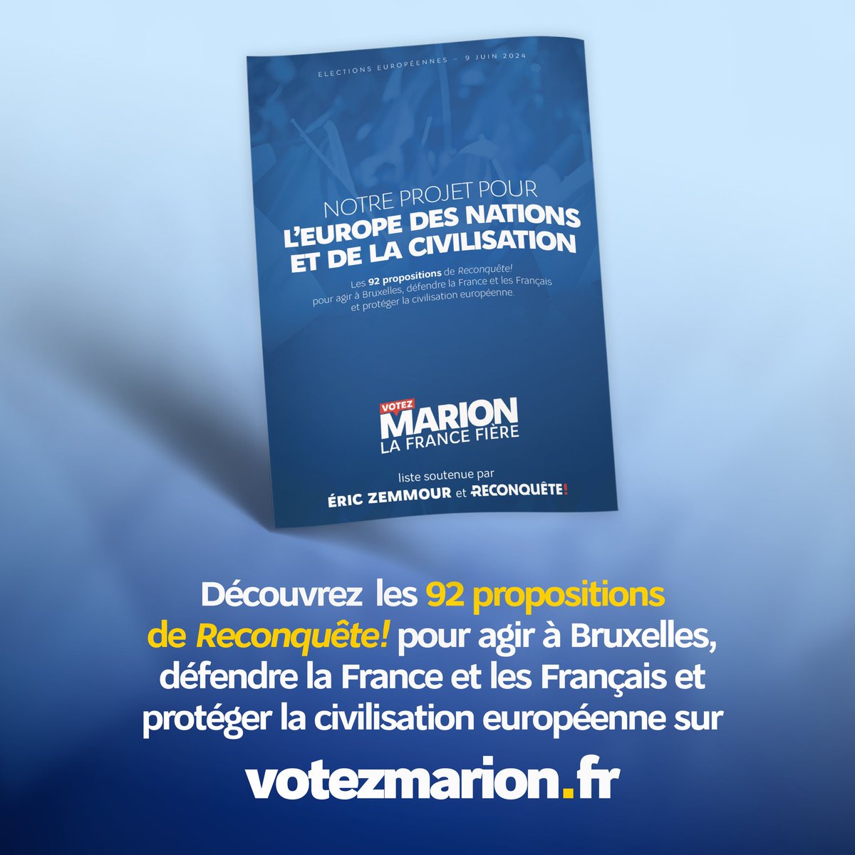 Nous sommes fiers de vous présenter notre projet pour les élections européennes. Un projet sérieux et ambitieux pour défendre la France, les Français et notre civilisation ! 👉 votezmarion.fr/notre-projet/ #VotezMarion