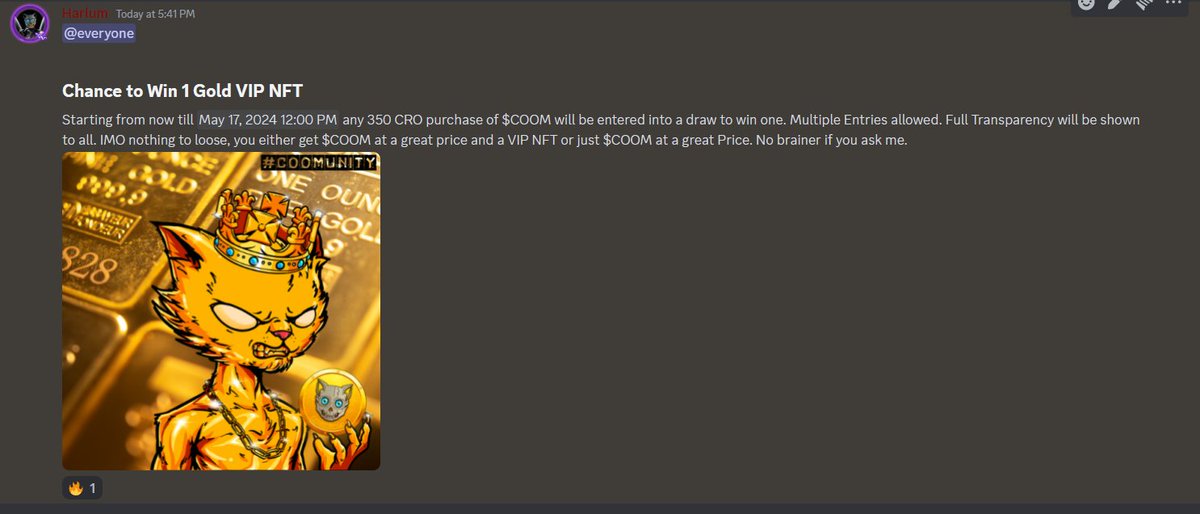 CoomunityCoin's tweet photo. Any 350 $CRO buy of $COOM gives you an entry into winning a very rare CoomCatsVIP @CoomCatsNFT . 

Only 30 Gold VIP around. https://t.co/hn9aWKytS0