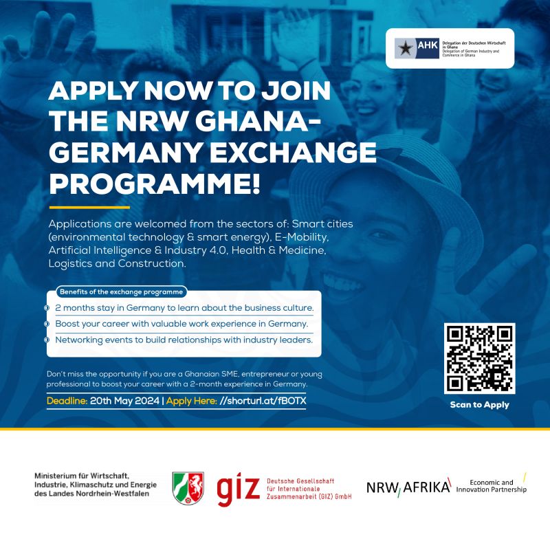 🚀 Unlock Your Potential with the NRW Ghana-Germany Exchange Programme! 🚀

Participate in a two-month stay in Germany

Deadline: Monday, 20th May 2024.
Details: shorturl.at/msHI7

#NRWGhanaGermanyExchange #YoungProfessionals #SustainableDevelopment #EconomicGrowth