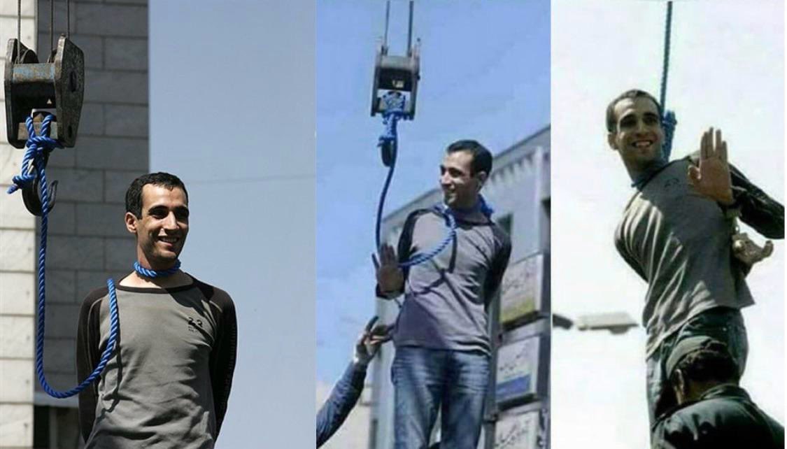 An Iranian man smiles as he is about to be executed by hanging from a crane.
