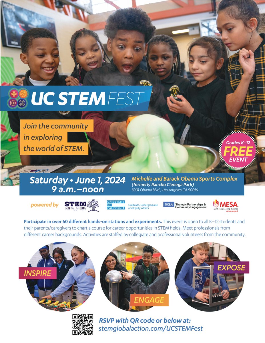 🚨 Los Angeles!! Registration is OPEN for STEM FEST, presented by @UCLA and @mesastem! Join us for STEM Fest on Saturday, June 1, from 9:00am - 12:00pm at the Michelle and Barack Obama Sports Complex! This event is FREE and open to the public!