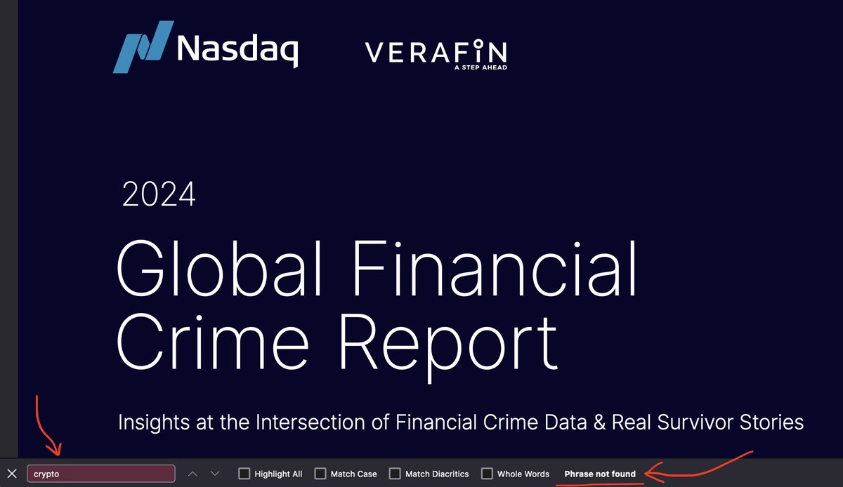 Crypto was not mentioned even once in Nasdaq's Global Financial Crime Report. Contrary to 'crypto for criminals' belief, real criminals prefer to use fiat and traditional banking system to launder money... or criminals just ARE the fiat and banking system. nd.nasdaq.com/rs/303-QKM-463…