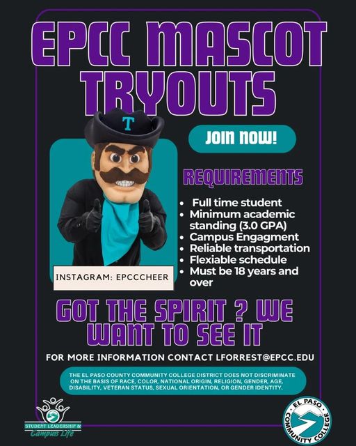 Join @epcccheer for EPCC Mascot Tryouts on Friday, May 17, 2024 5 p.m. at the EPCC Valle Verde Gym #EPCCpride